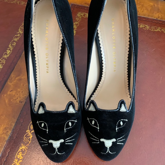 Charlotte Olympia Shoes - Charlotte Olympia Black Velvet Kitty Pumps, size 39